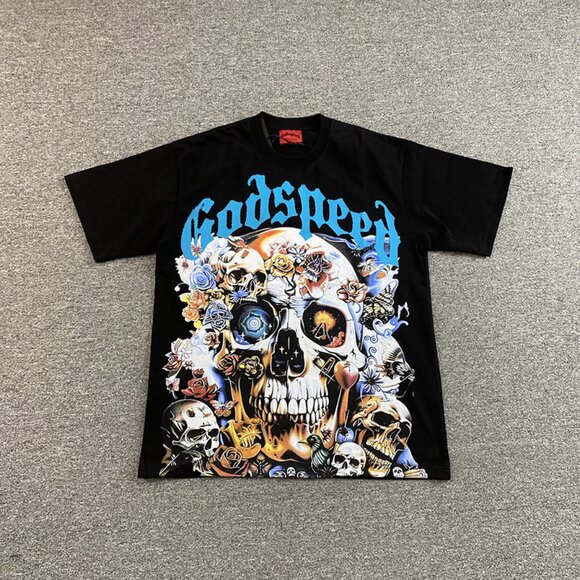 Gothic Inspired Godspeed Skull Graphic T Shirt